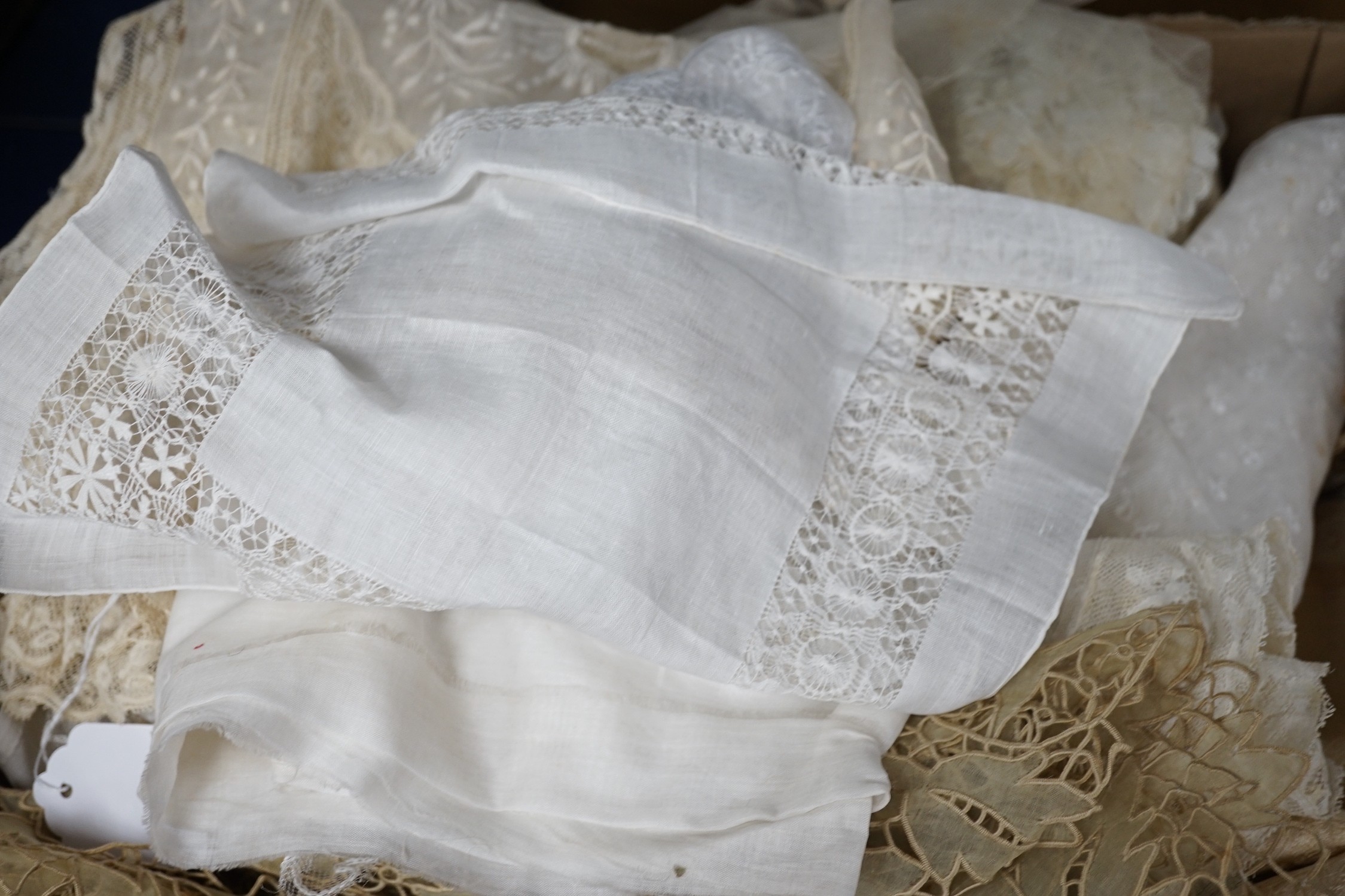A collection of mostly handmade 19th century lace collars, stoles, veils, etc.